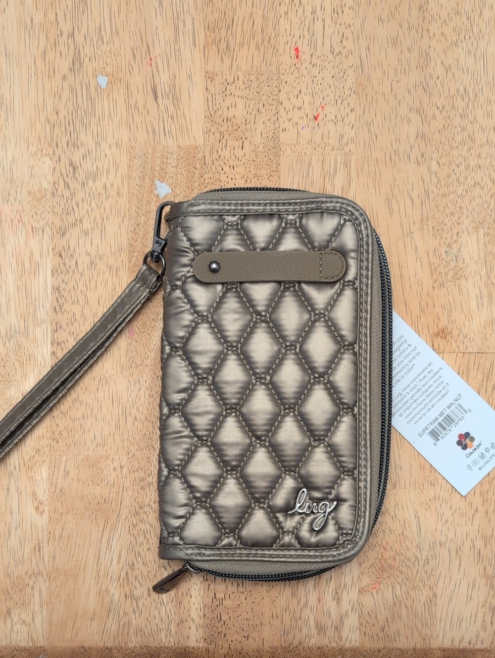 lug Quilted Metallic Walnut Phone Wristlet Wallet with Strap and charm bar